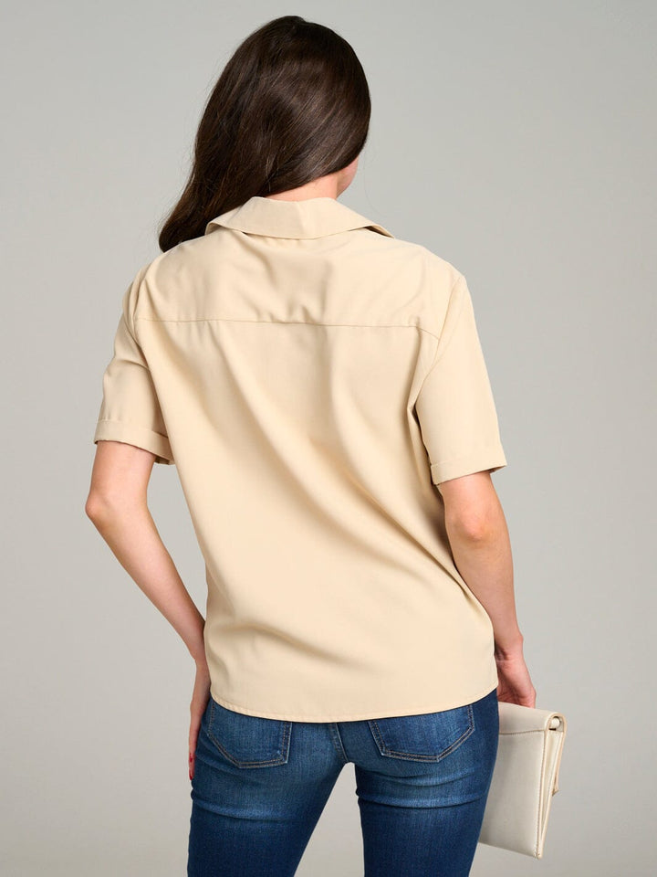 WOMEN'S SHORT SLEEVE BUTTON UP FRONT POCKET BLOUSE