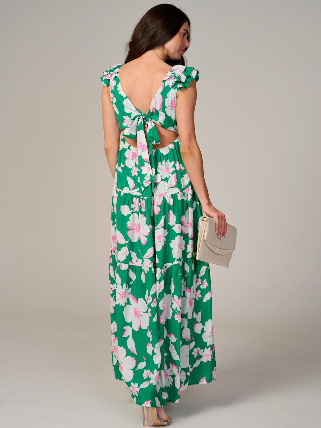 WOMEN'S SLEEVELESS V-NECK BACK TIE FLORAL MAXI DRESS