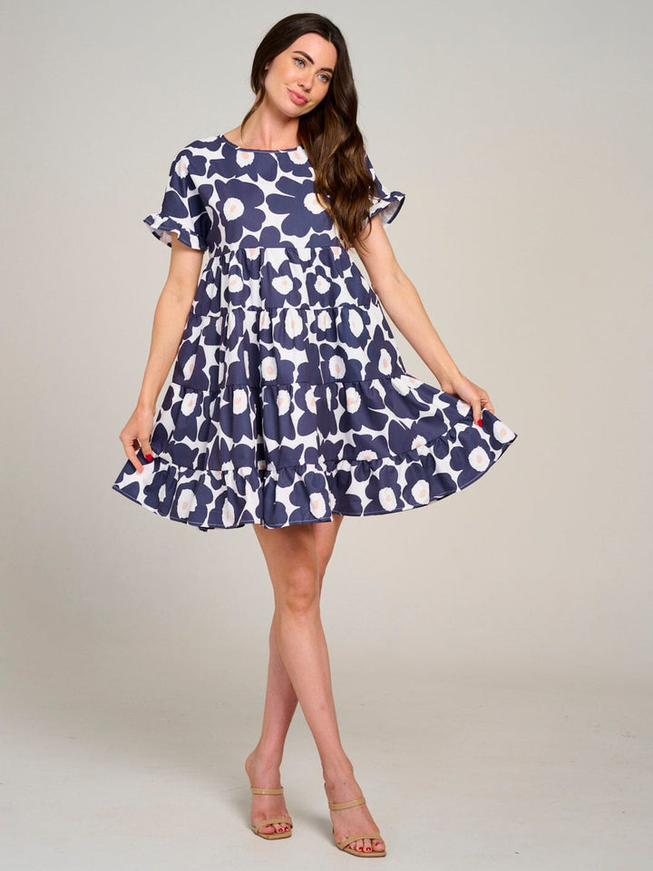 WOMEN'S SHORT SLEEVE TIERED LOOSE FIT FLORAL MINI DRESS
