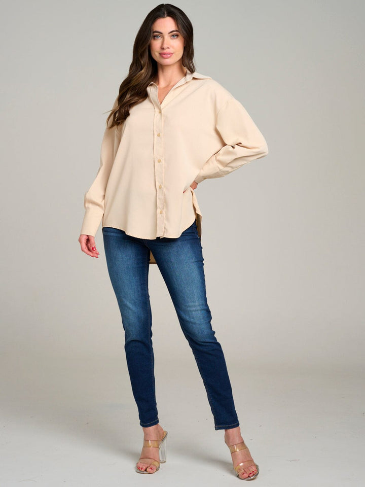 WOMEN'S LONG SLEEVE BUTTON UP HIGH-LOW BLOUSE