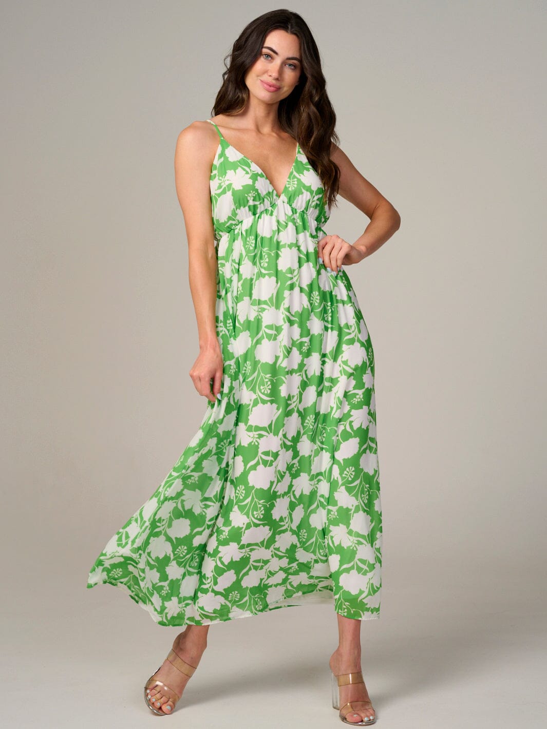 WOMEN'S SLEEVELESS V-NECK OPEN BACK FLORAL MAXI DRESS