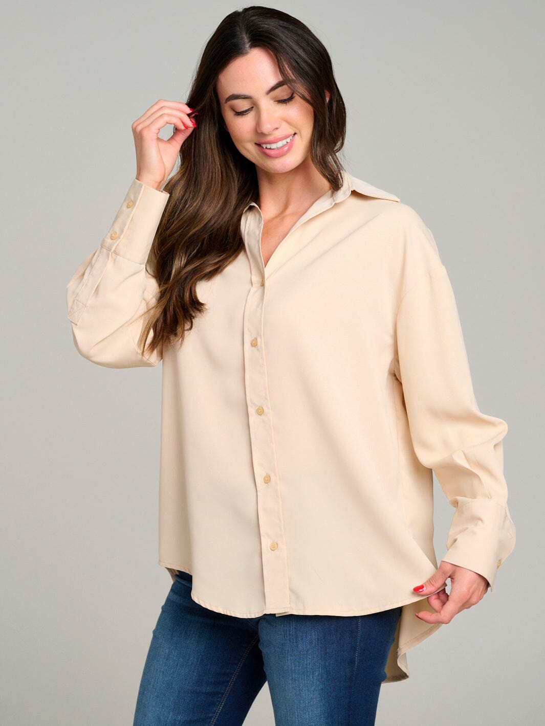 WOMEN'S LONG SLEEVE BUTTON UP HIGH-LOW BLOUSE