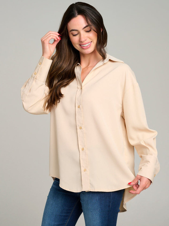 WOMEN'S LONG SLEEVE BUTTON UP HIGH-LOW BLOUSE