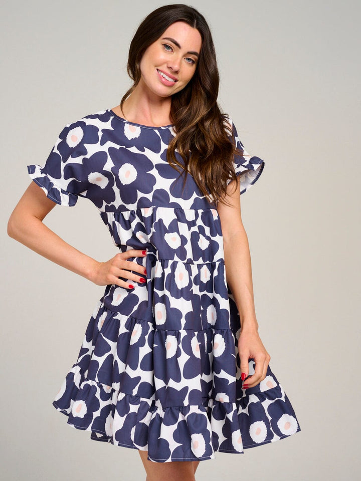 WOMEN'S SHORT SLEEVE TIERED LOOSE FIT FLORAL MINI DRESS