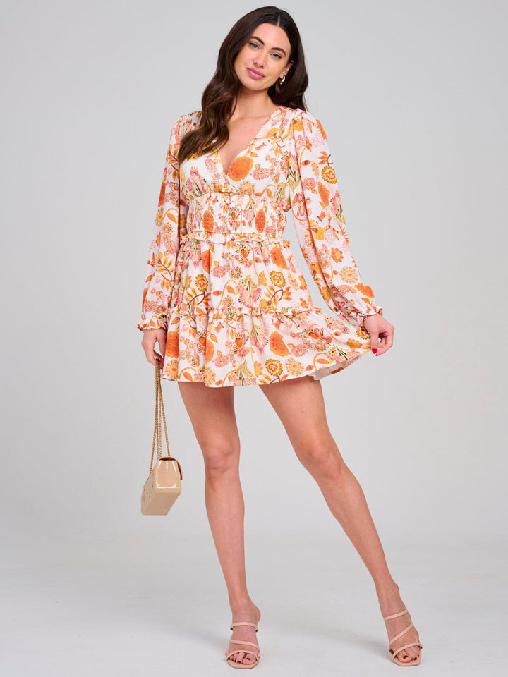 WOMEN'S LONG SLEEVE V-NECK SMOCK WAIST FIT & FLARE FLORAL MINI DRESS