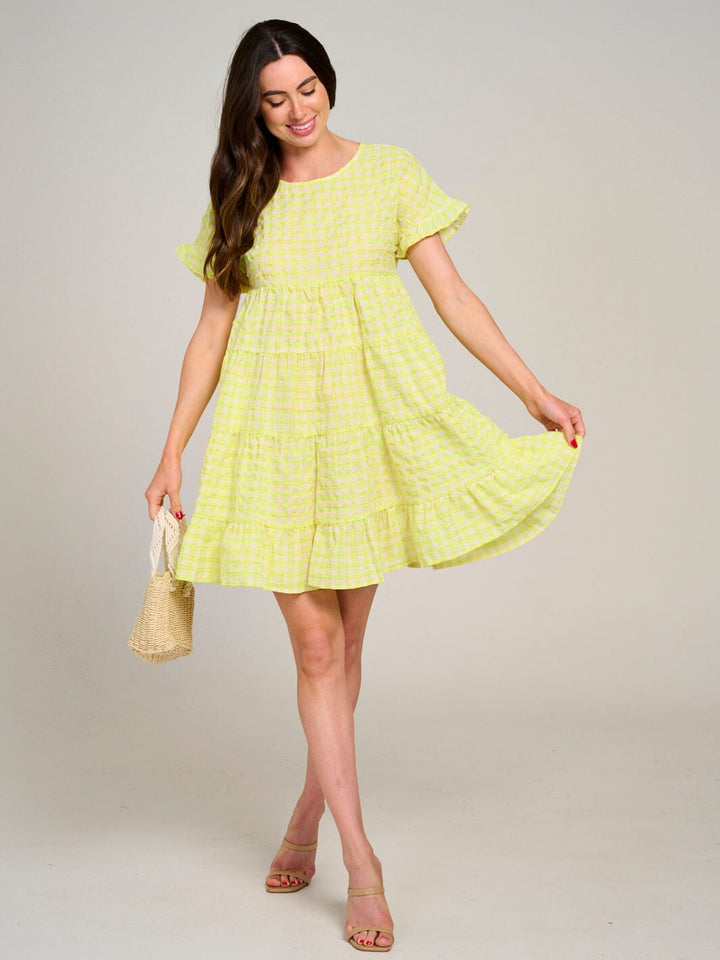 WOMEN'S SHORT SLEEVE TIERED LOOSE FIT PLAID MINI DRESS