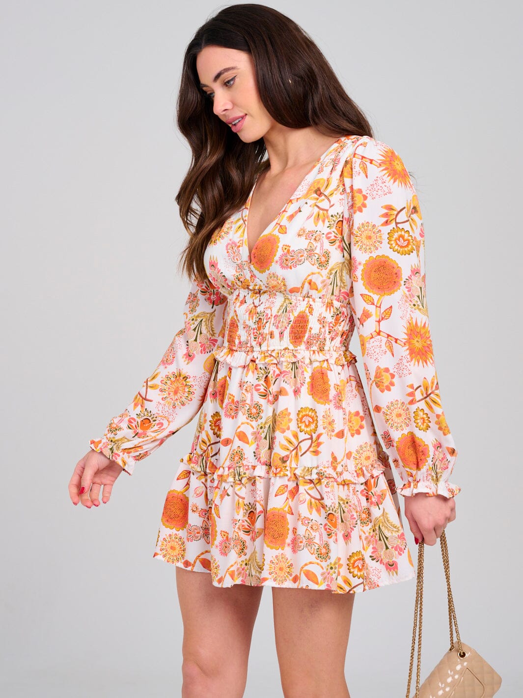 WOMEN'S LONG SLEEVE V-NECK SMOCK WAIST FIT & FLARE FLORAL MINI DRESS