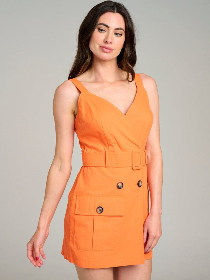 WOMEN'S SLEEVELESS SURPLICE POCKETS BUTTON CLOSURE BELTED ROMPER