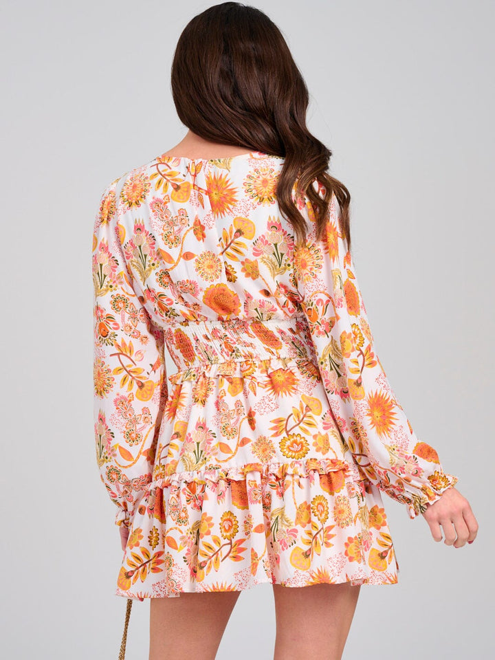 WOMEN'S LONG SLEEVE V-NECK SMOCK WAIST FIT & FLARE FLORAL MINI DRESS