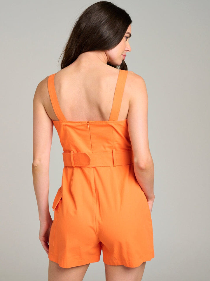WOMEN'S SLEEVELESS SURPLICE POCKETS BUTTON CLOSURE BELTED ROMPER