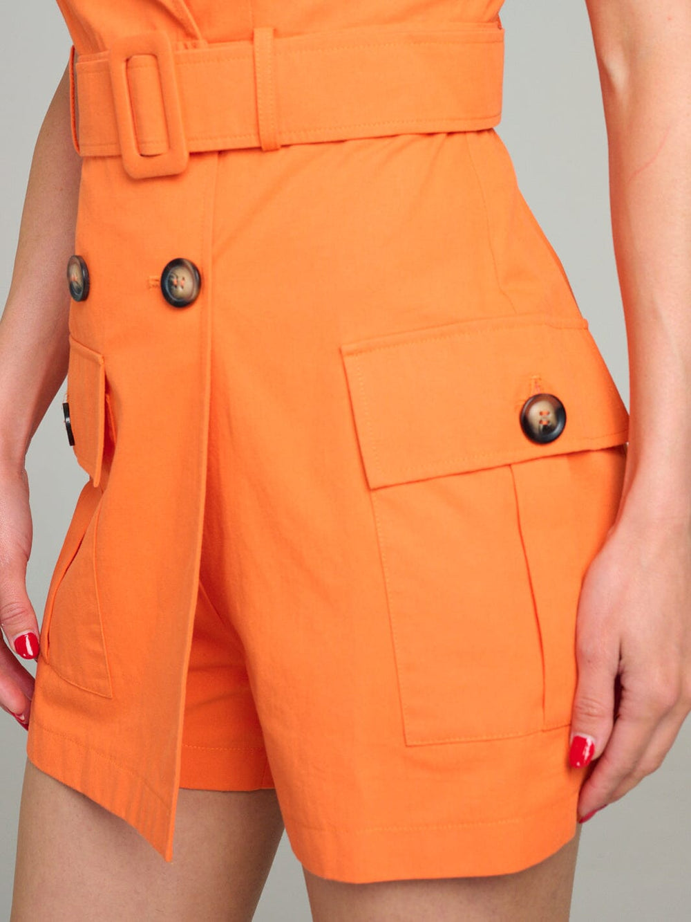 WOMEN'S SLEEVELESS SURPLICE POCKETS BUTTON CLOSURE BELTED ROMPER