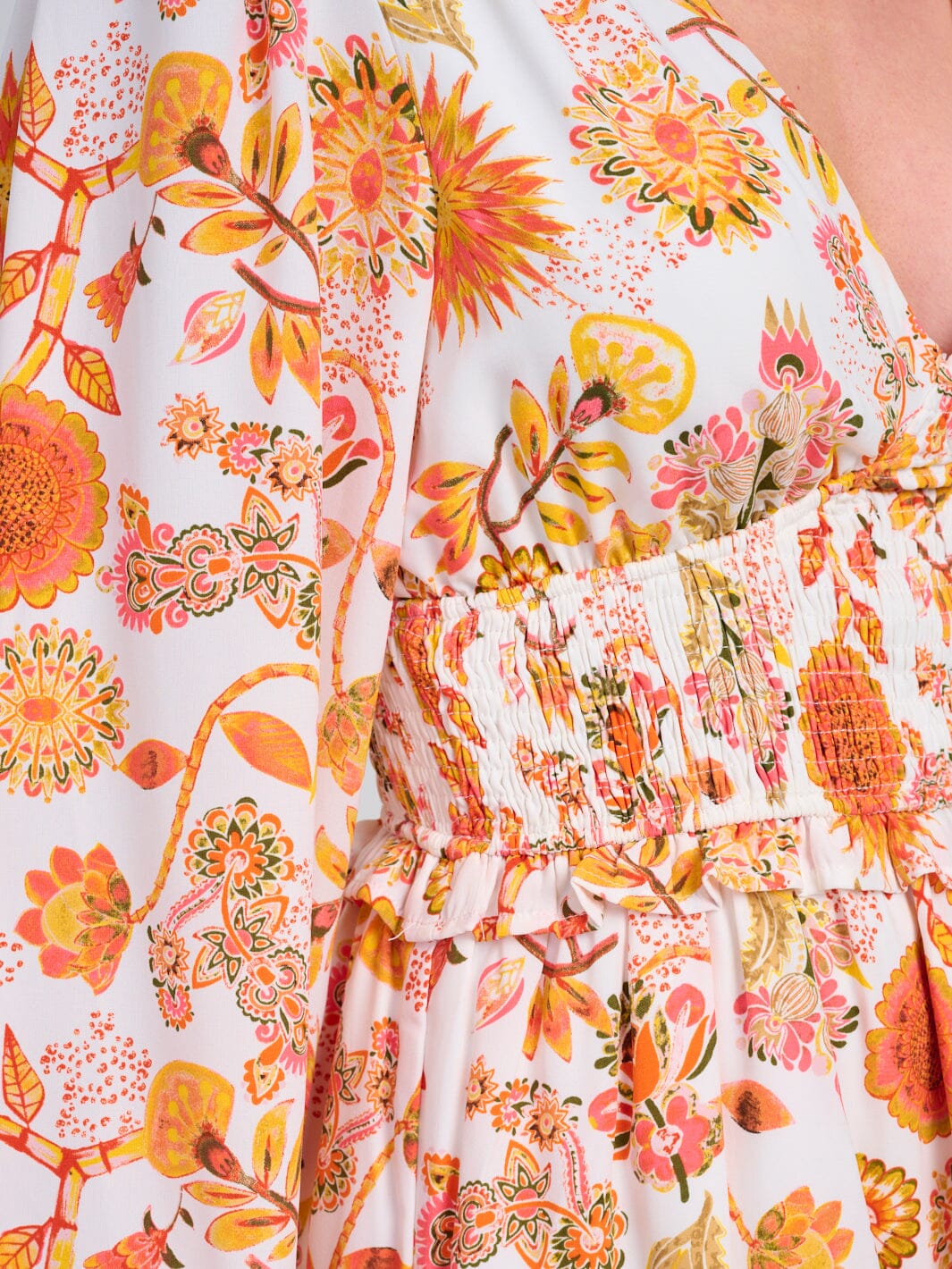 WOMEN'S LONG SLEEVE V-NECK SMOCK WAIST FIT & FLARE FLORAL MINI DRESS