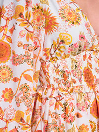 WOMEN'S LONG SLEEVE V-NECK SMOCK WAIST FIT & FLARE FLORAL MINI DRESS