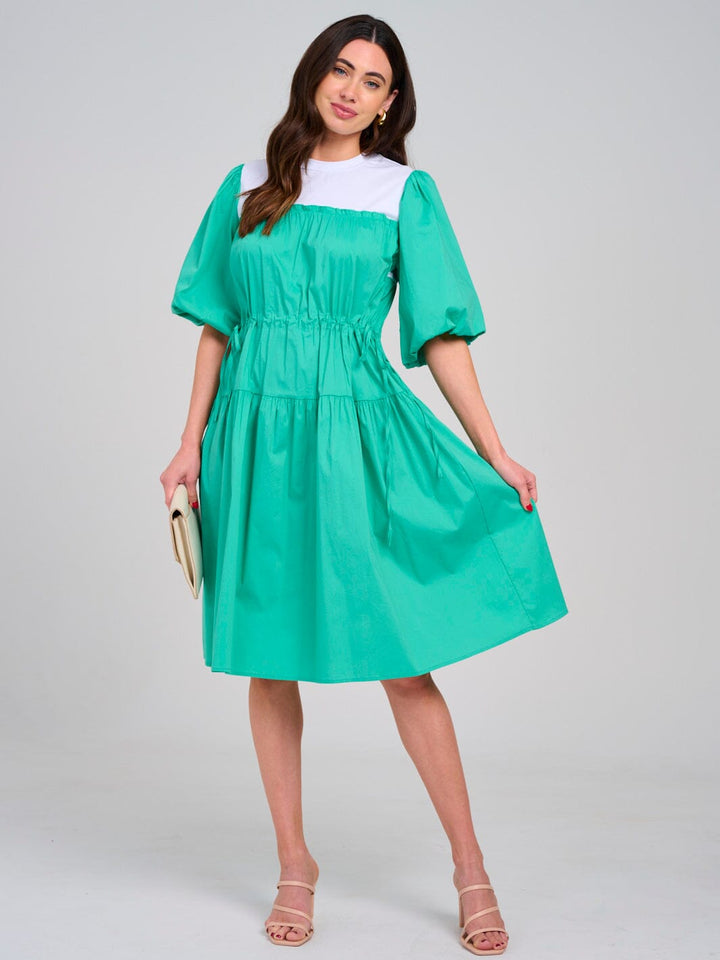 WOMEN'S SHORT PUFF SLEEVE ADJUSTABLE WAIST COLORBLOCK MIDI DRESS