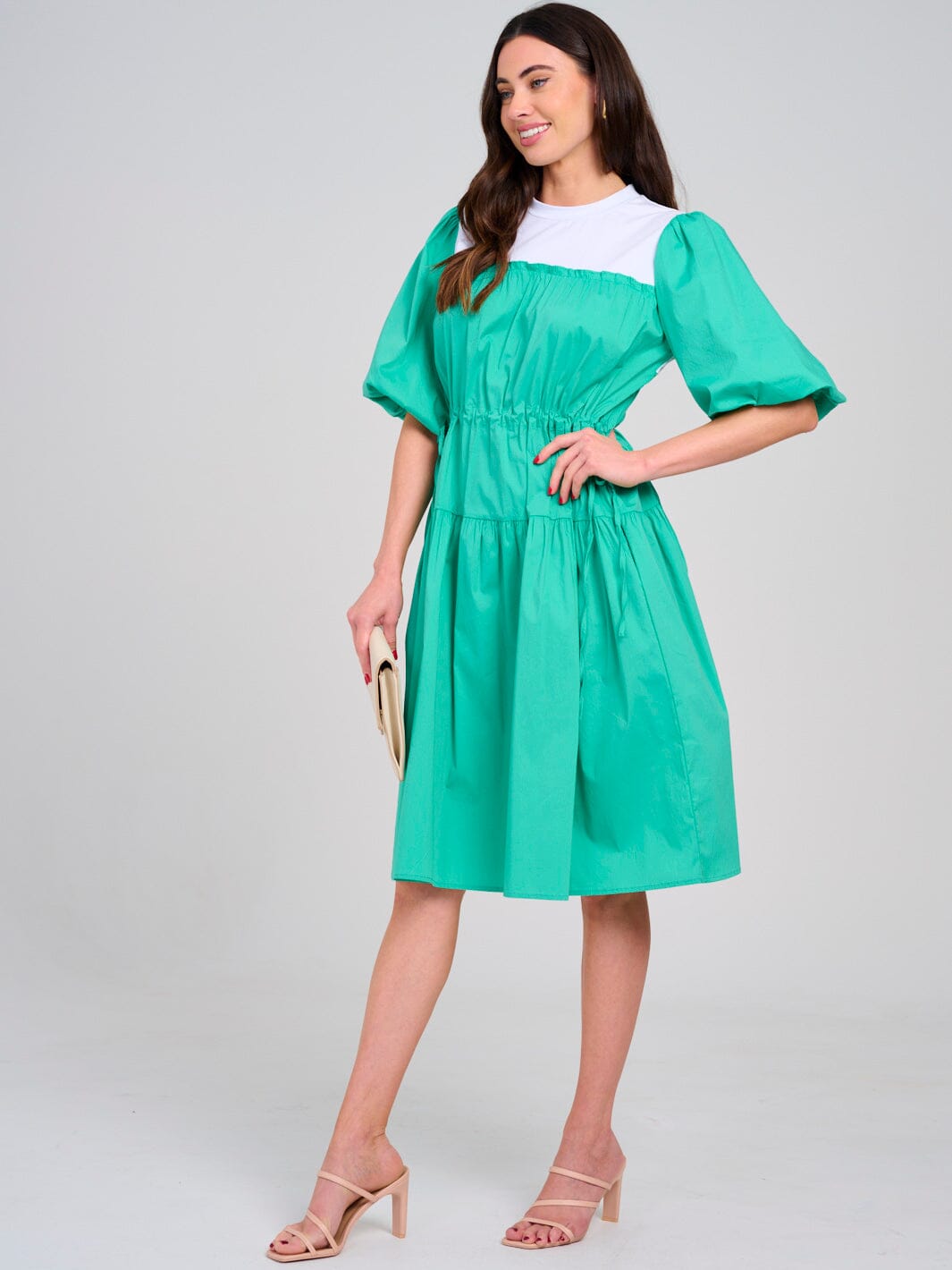 WOMEN'S SHORT PUFF SLEEVE ADJUSTABLE WAIST COLORBLOCK MIDI DRESS