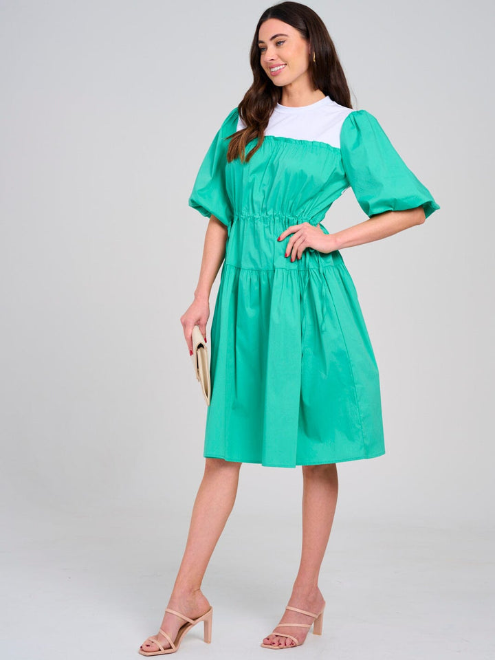 WOMEN'S SHORT PUFF SLEEVE ADJUSTABLE WAIST COLORBLOCK MIDI DRESS