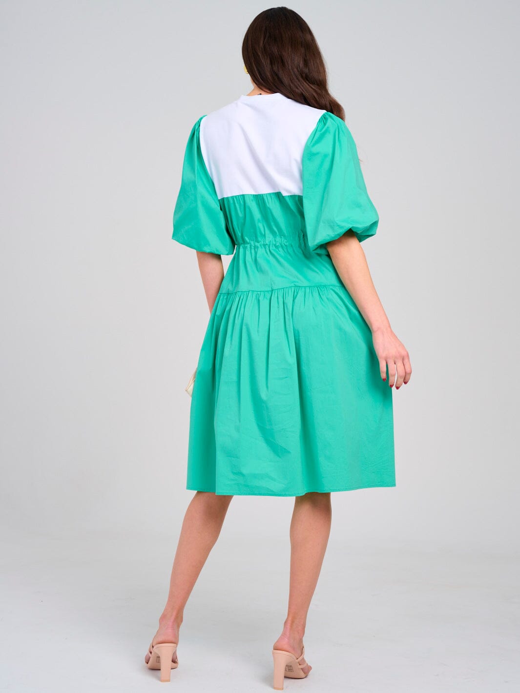 WOMEN'S SHORT PUFF SLEEVE ADJUSTABLE WAIST COLORBLOCK MIDI DRESS