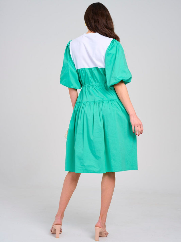 WOMEN'S SHORT PUFF SLEEVE ADJUSTABLE WAIST COLORBLOCK MIDI DRESS