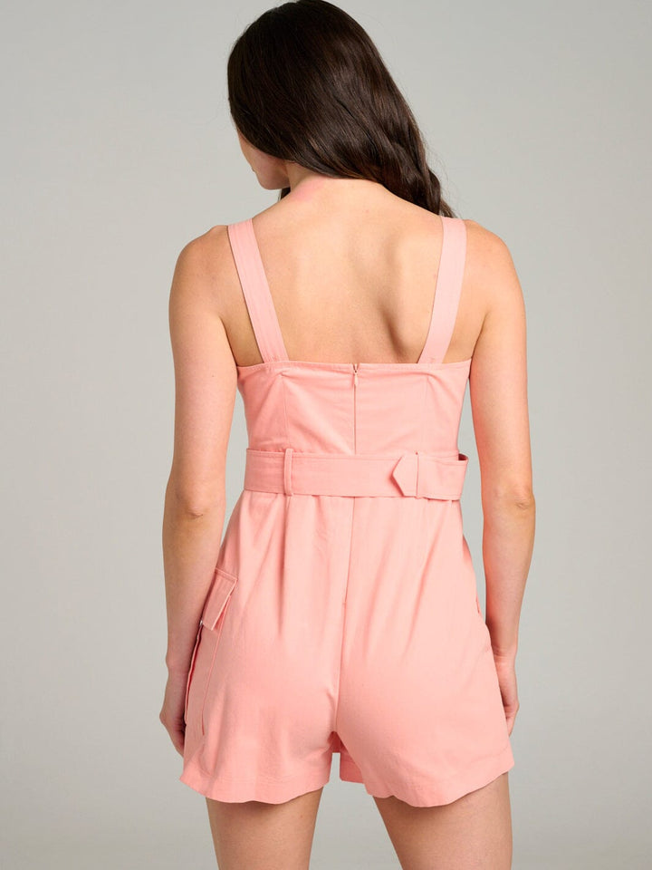 WOMEN'S SLEEVELESS SURPLICE POCKETS BUTTON CLOSURE BELTED ROMPER