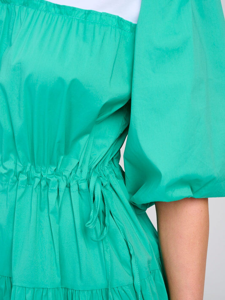 WOMEN'S SHORT PUFF SLEEVE ADJUSTABLE WAIST COLORBLOCK MIDI DRESS