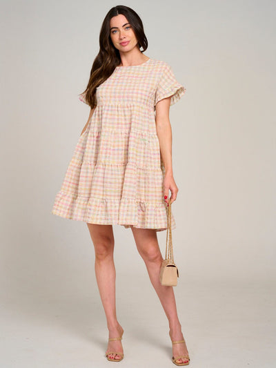 WOMEN'S SHORT SLEEVE TIERED LOOSE FIT MULTI PLAID MINI DRESS