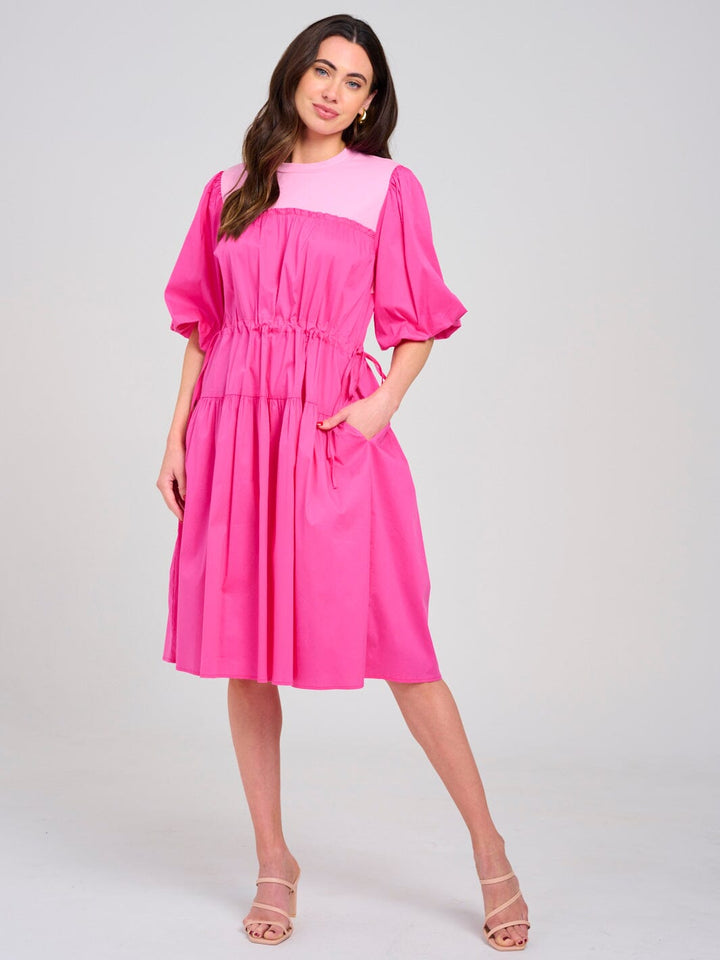 WOMEN'S SHORT PUFF SLEEVE ADJUSTABLE WAIST COLORBLOCK MIDI DRESS