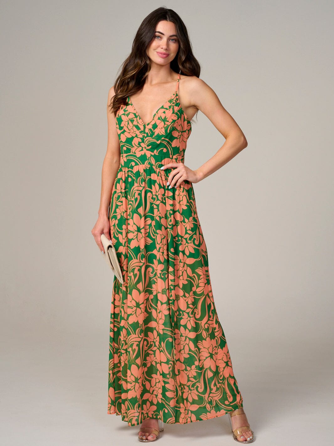 WOMEN'S SLEEVELESS V-NECK OPEN BACK FLORAL MAXI DRESS