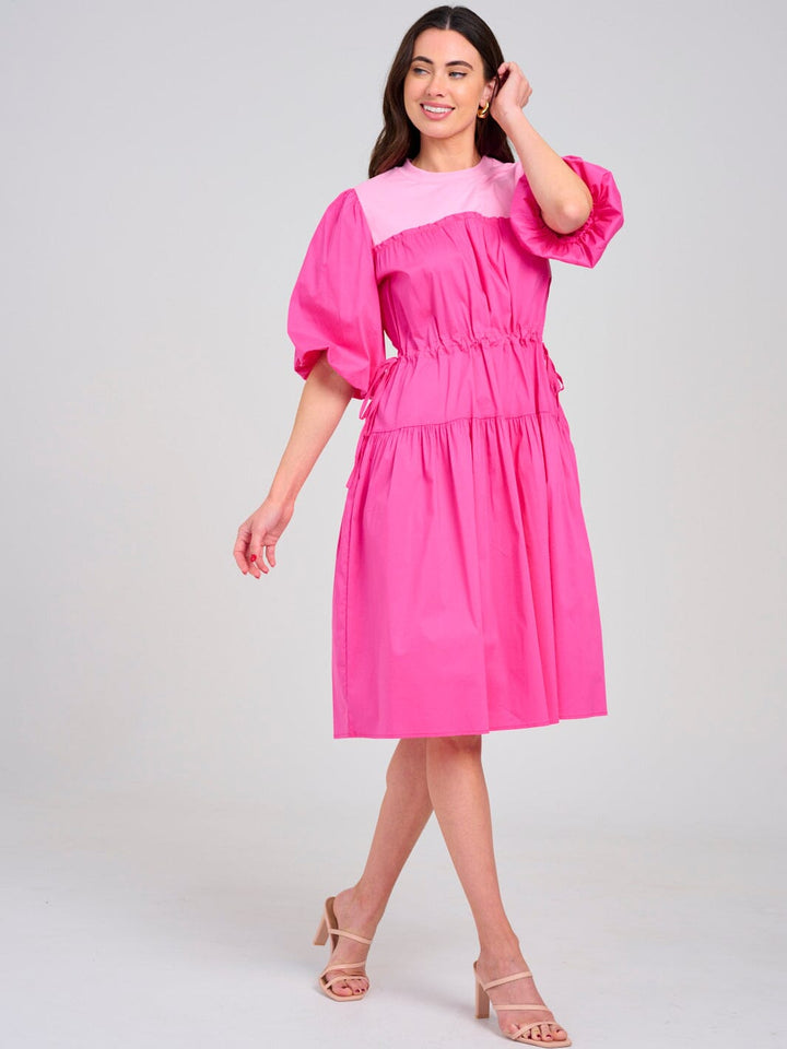 WOMEN'S SHORT PUFF SLEEVE ADJUSTABLE WAIST COLORBLOCK MIDI DRESS