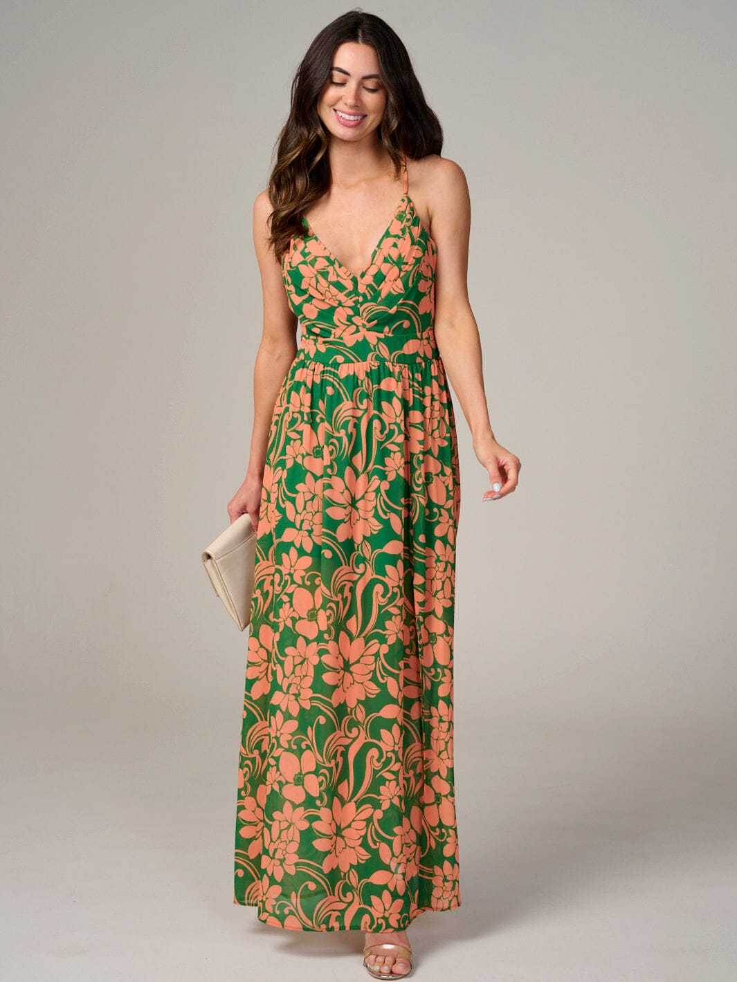 WOMEN'S SLEEVELESS V-NECK OPEN BACK FLORAL MAXI DRESS