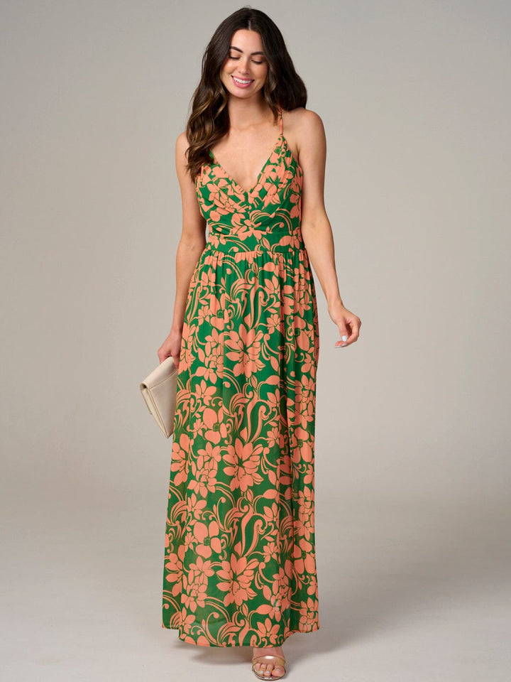 WOMEN'S SLEEVELESS V-NECK OPEN BACK FLORAL MAXI DRESS