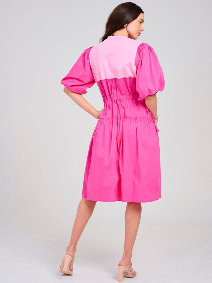 WOMEN'S SHORT PUFF SLEEVE ADJUSTABLE WAIST COLORBLOCK MIDI DRESS