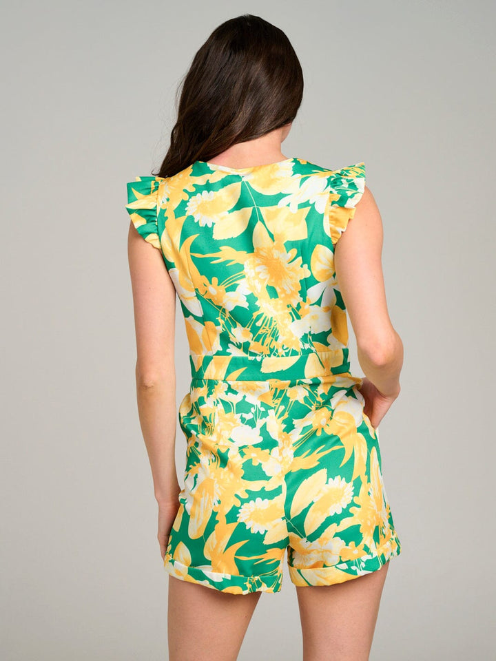 WOMEN'S SLEEVELESS SURPLICE FRONT POCKET FLORAL ROMPER