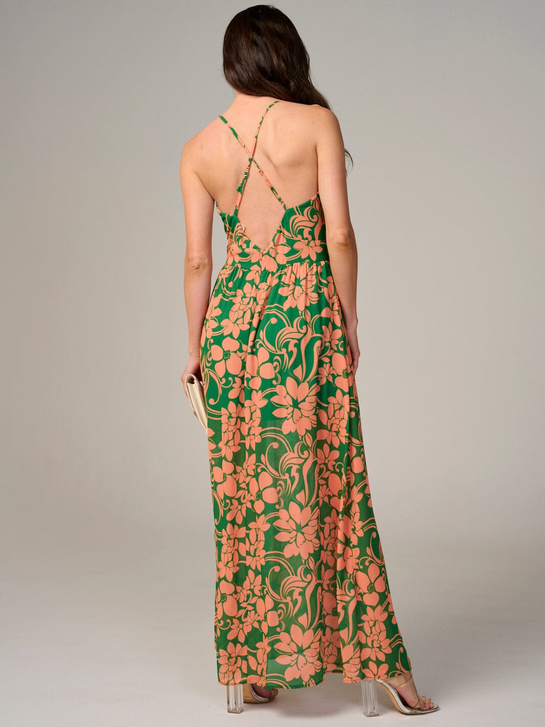 WOMEN'S SLEEVELESS V-NECK OPEN BACK FLORAL MAXI DRESS