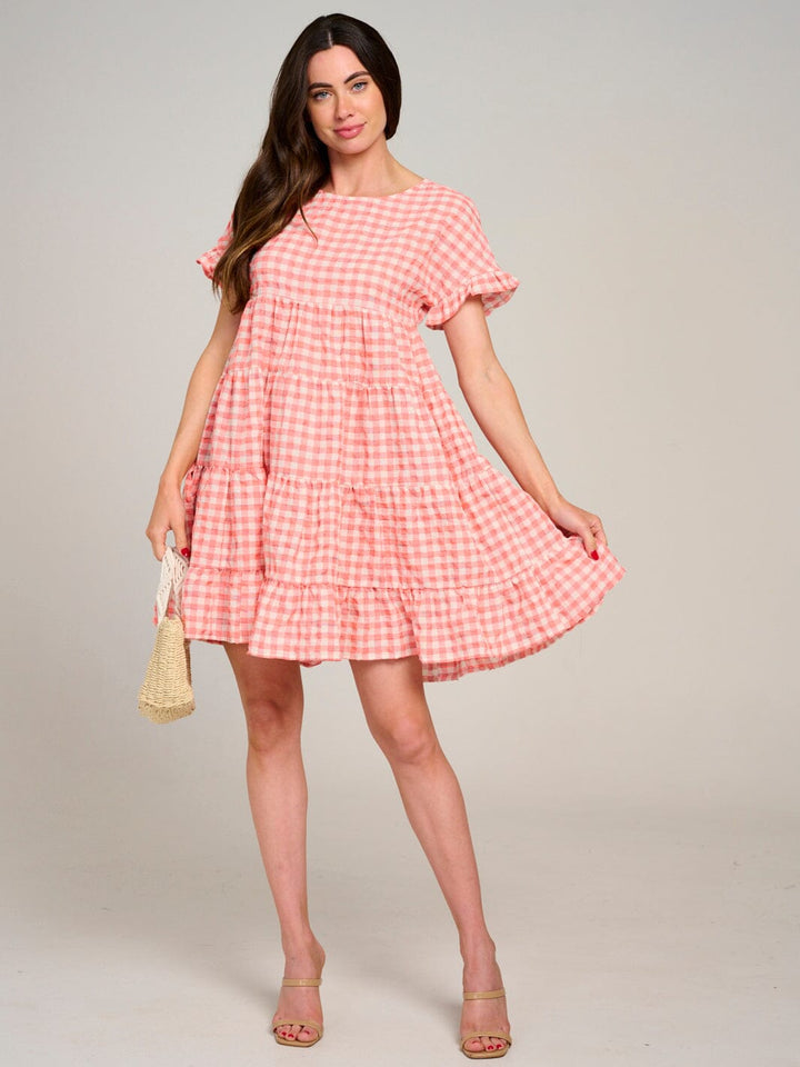 WOMEN'S SHORT SLEEVE TIERED LOOSE FIT PLAID MINI DRESS