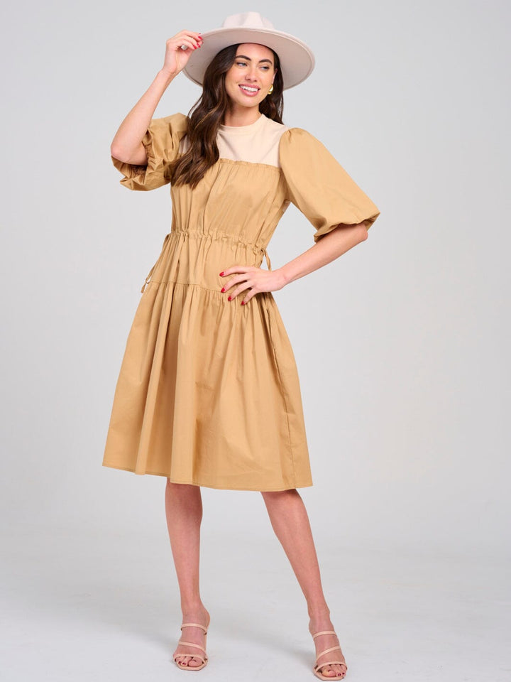 WOMEN'S SHORT PUFF SLEEVE ADJUSTABLE WAIST COLORBLOCK MIDI DRESS