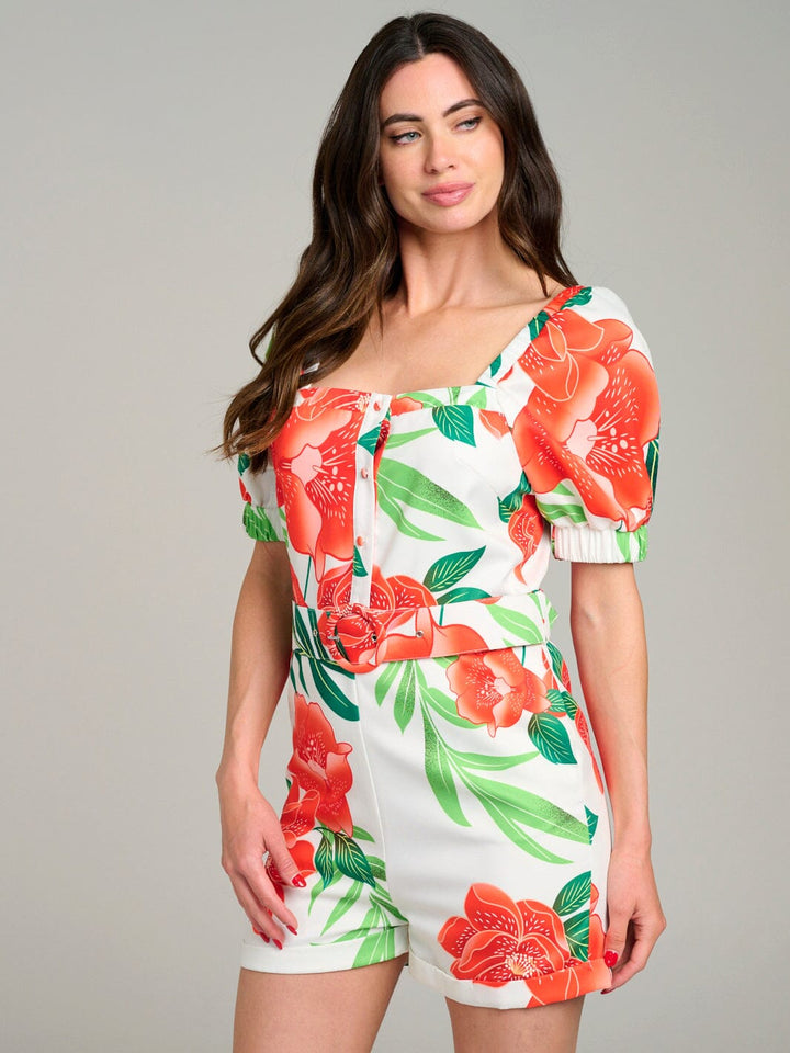 WOMEN'S SHORT SLEEVE POCKETS BUTTON UP BELTED FLORAL ROMPER