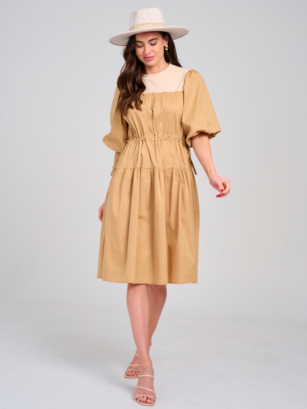 WOMEN'S SHORT PUFF SLEEVE ADJUSTABLE WAIST COLORBLOCK MIDI DRESS