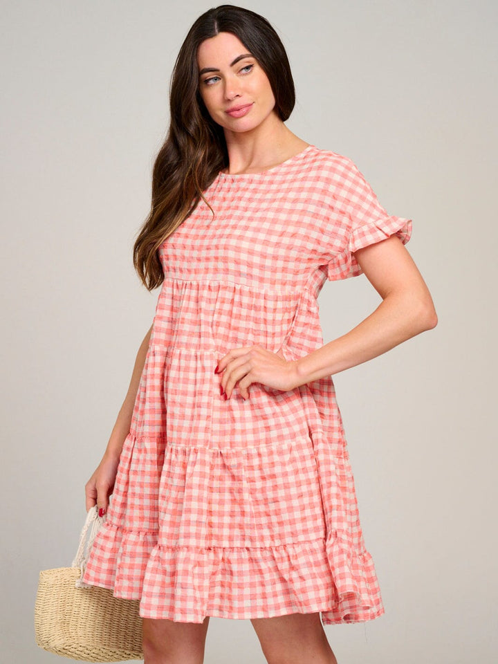 WOMEN'S SHORT SLEEVE TIERED LOOSE FIT PLAID MINI DRESS