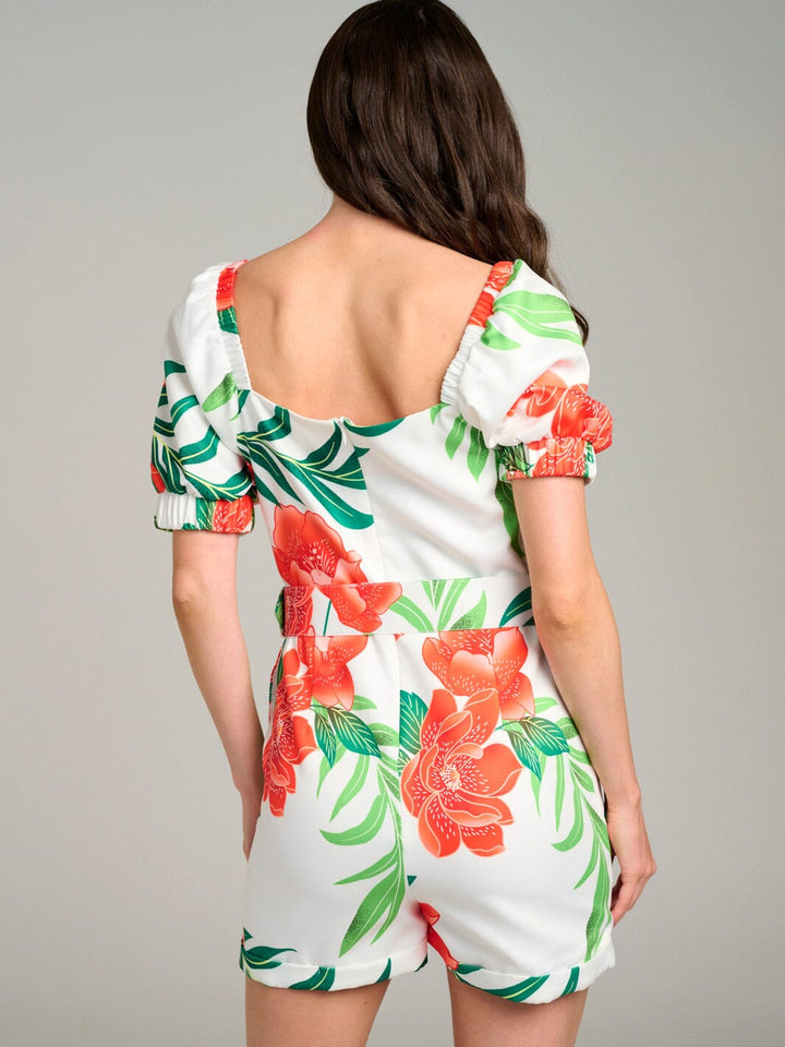 WOMEN'S SHORT SLEEVE POCKETS BUTTON UP BELTED FLORAL ROMPER