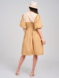 WOMEN'S SHORT PUFF SLEEVE ADJUSTABLE WAIST COLORBLOCK MIDI DRESS