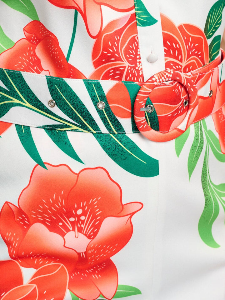 WOMEN'S SHORT SLEEVE POCKETS BUTTON UP BELTED FLORAL ROMPER