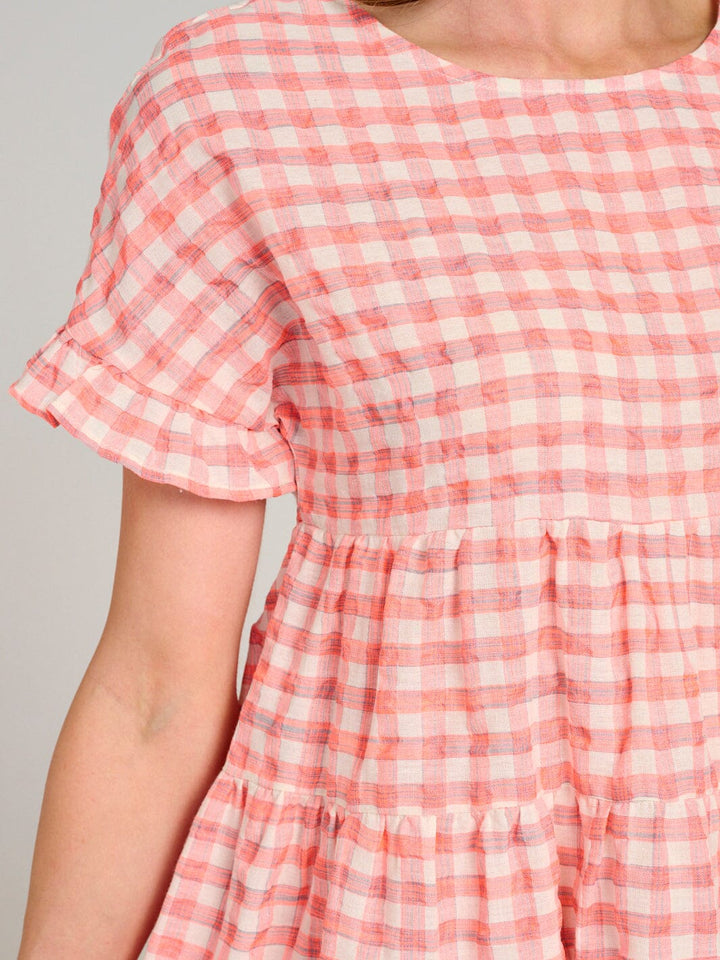 WOMEN'S SHORT SLEEVE TIERED LOOSE FIT PLAID MINI DRESS