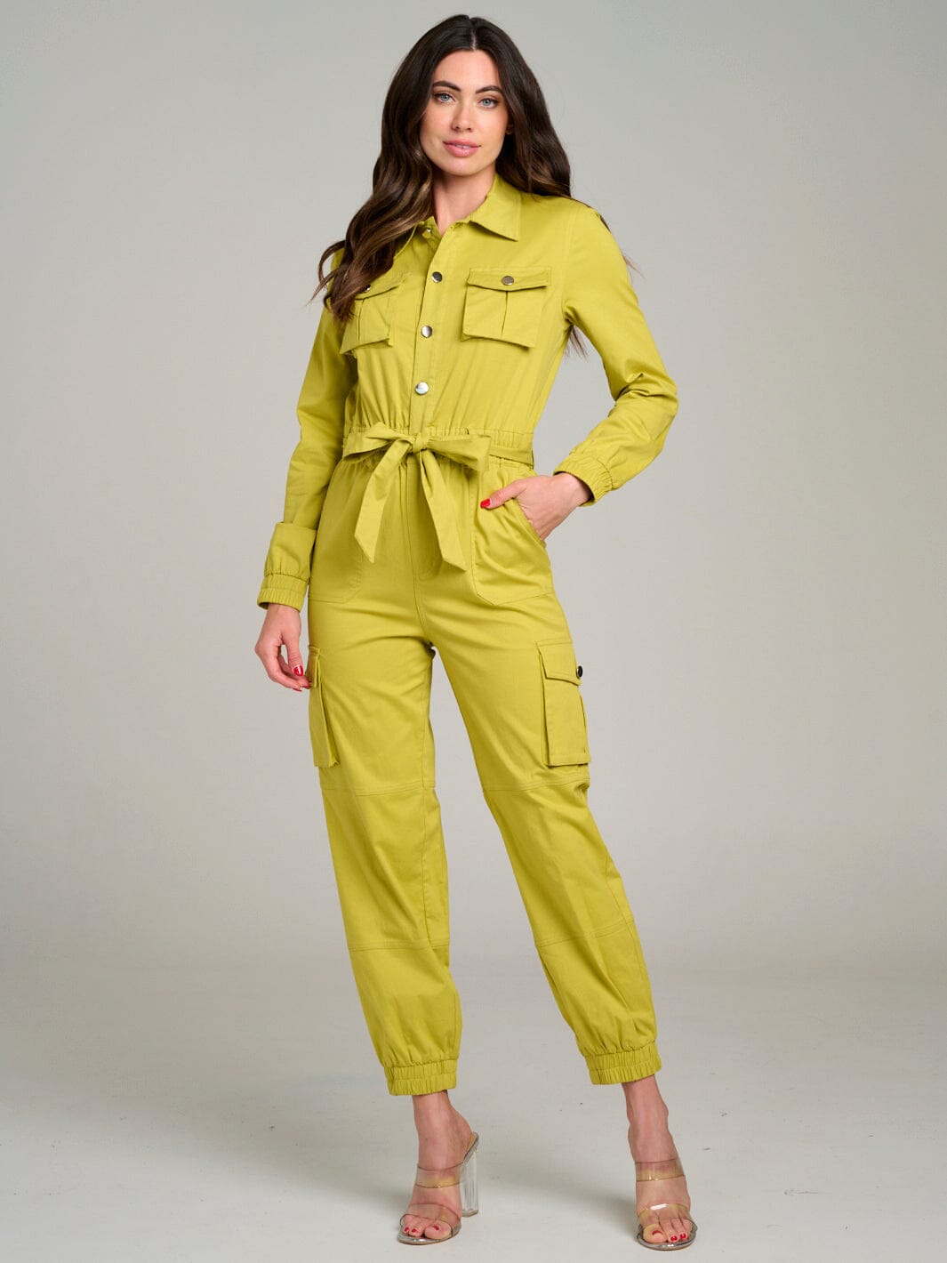 WOMEN'S LONG SLEEVE BUTTON UP SELF TIE POCKETS JOGGER LEG JUMPSUIT