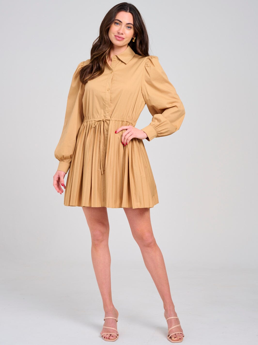 WOMEN'S LONG SLEEVE BUTTON UP FIT & FLARE PLEATED MINI DRESS