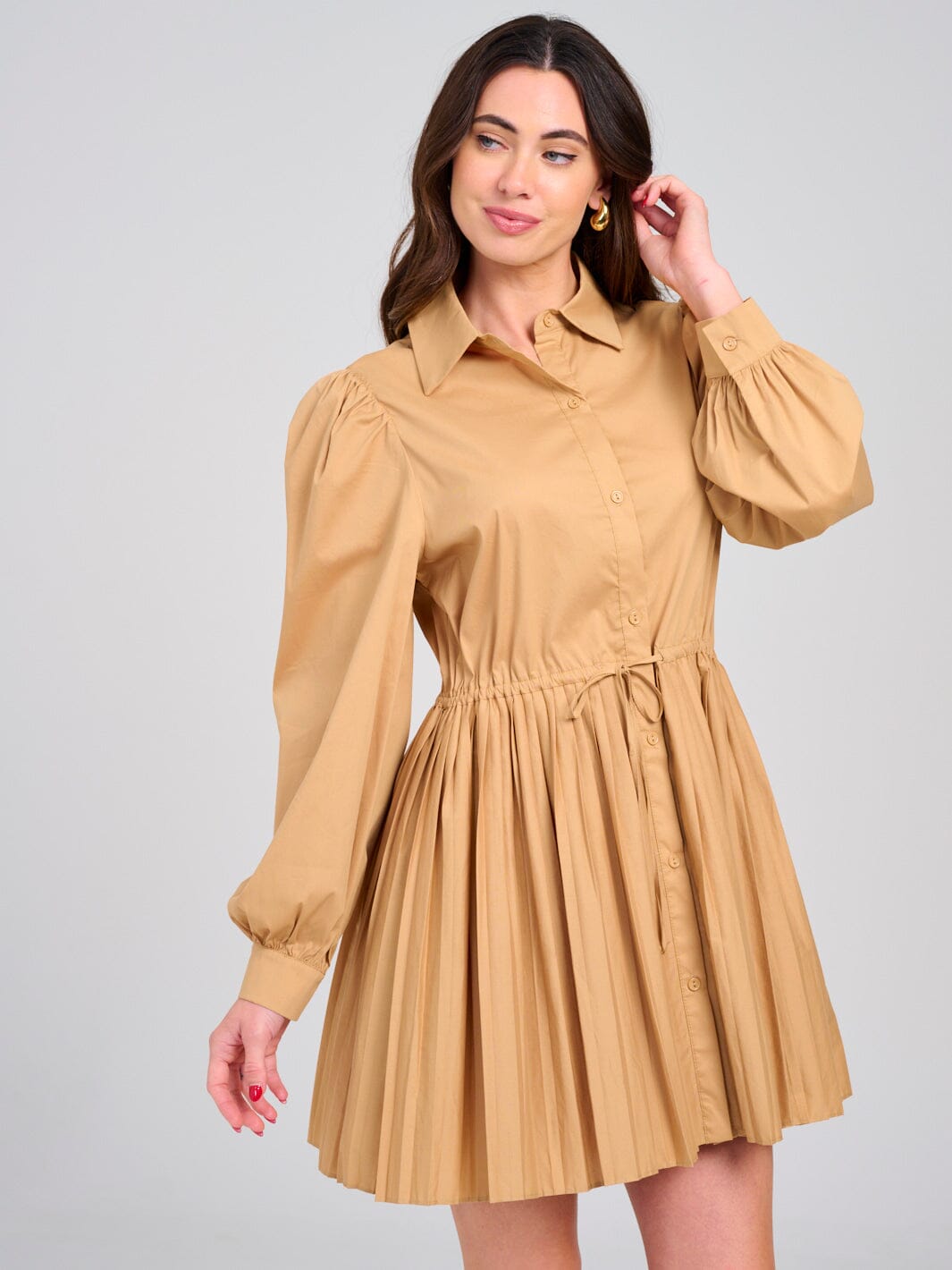 WOMEN'S LONG SLEEVE BUTTON UP FIT & FLARE PLEATED MINI DRESS