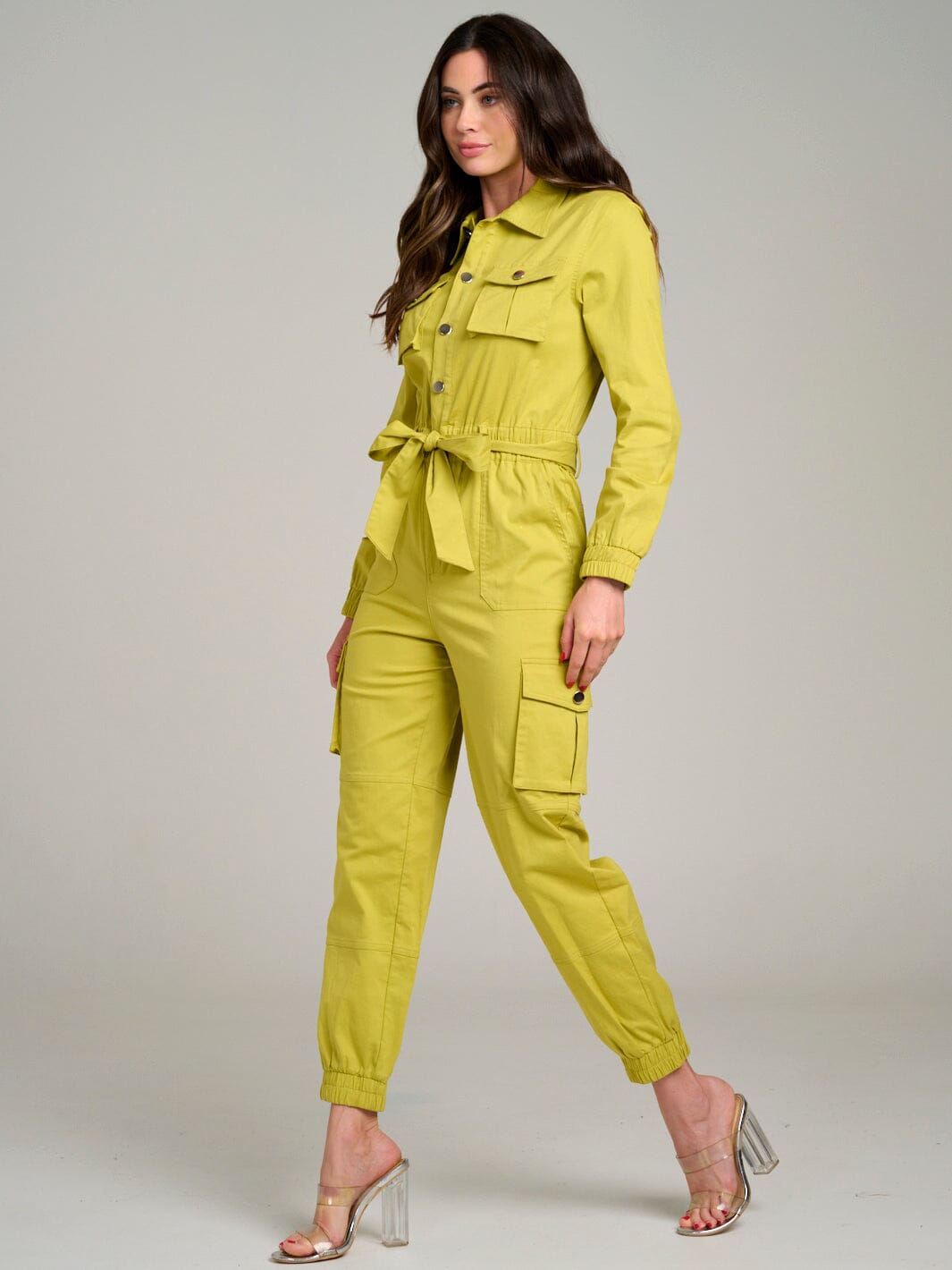 WOMEN'S LONG SLEEVE BUTTON UP SELF TIE POCKETS JOGGER LEG JUMPSUIT