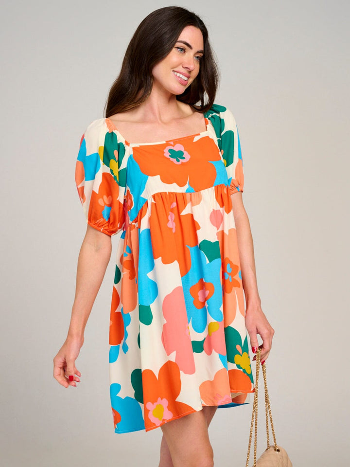 WOMEN'S SHORT PUFF SLEEVE SQUARE NECK LOOSE FIT FLORAL MINI DRESS