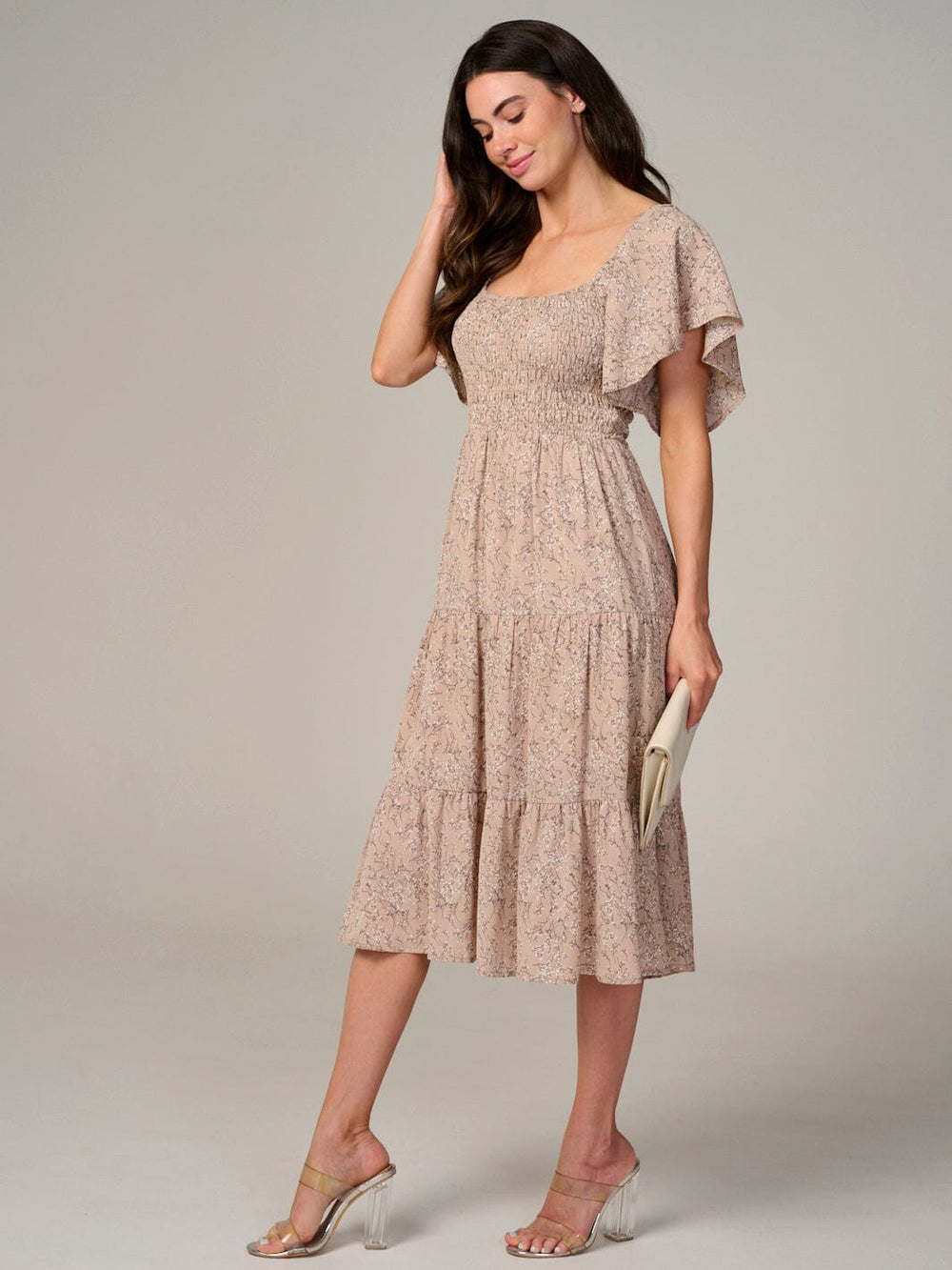 WOMEN'S SHORT SLEEVE SMOCK TIERED FLORAL MIDI DRESS