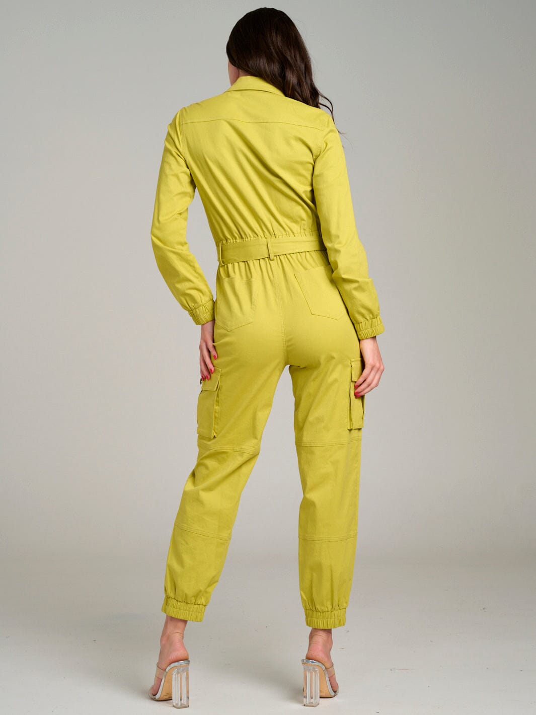WOMEN'S LONG SLEEVE BUTTON UP SELF TIE POCKETS JOGGER LEG JUMPSUIT