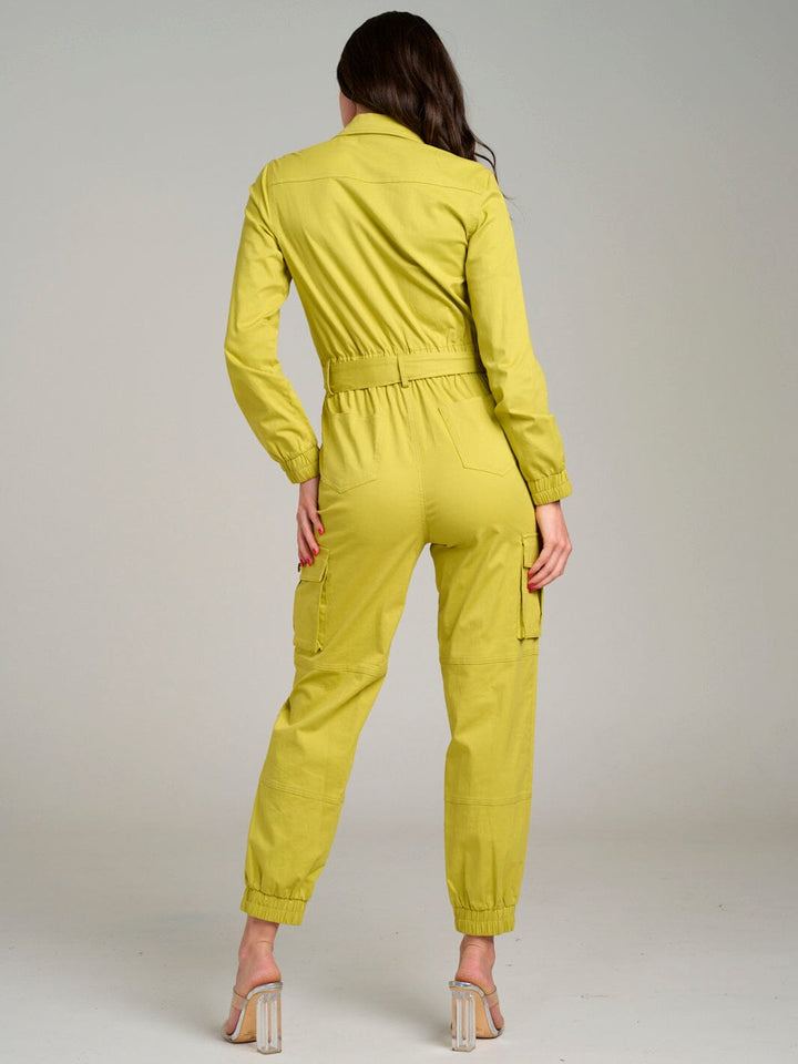 WOMEN'S LONG SLEEVE BUTTON UP SELF TIE POCKETS JOGGER LEG JUMPSUIT